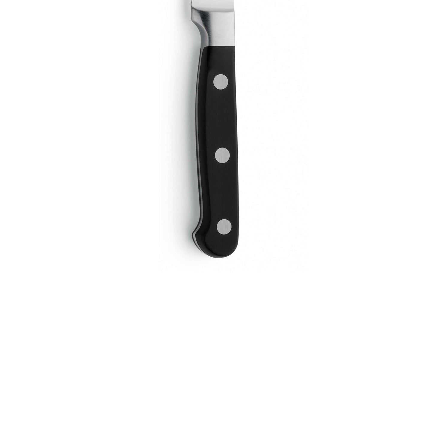 Eine Nahaufnahme des Kuppels SOLID Gemüsemesser-Sets zeigt einen schwarzen Messergriff mit drei silbernen Nieten, wobei oben vor einem schlichten weißen Hintergrund ein Teil der Klinge aus gehärtetem Klingenstahl zu sehen ist.