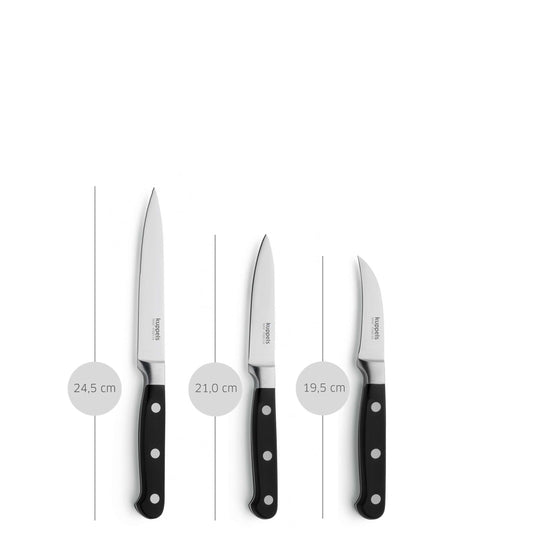 Das Kuppels SOLID Messerset umfasst vier Küchenmesser mit schwarzen Griffen und silbernen Klingen in verschiedenen Längen – 24,5 cm, 21,0 cm und 19,5 cm –, die fachmännisch aus gehärtetem Klingenstahl gefertigt und vertikal vor einem weißen Hintergrund präsentiert werden. Diese Messer eignen sich perfekt für jede Schneideaufgabe, vom Kochmesser bis zum Gemüsemesser, und bieten langlebige Haltbarkeit gepaart mit zeitlosem Design.
