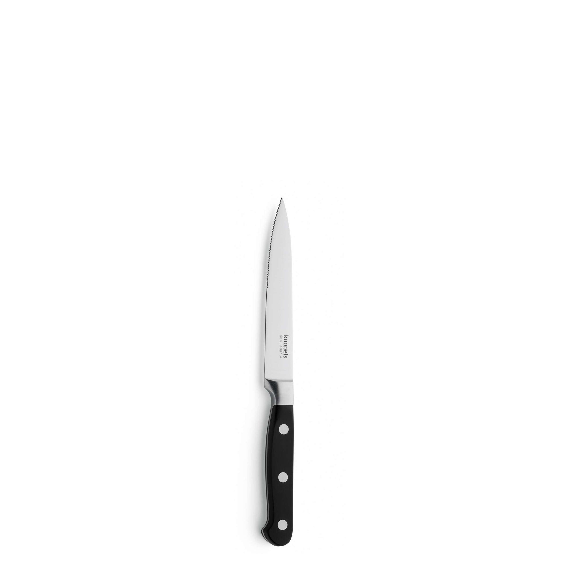Ein Küchenmesser aus der Kuppels SOLID-Serie mit einer scharfen Klinge aus gehärtetem Klingenstahl und einem schwarzen Griff mit drei silbernen Nieten, vertikal auf weißem Hintergrund abgebildet – ein unverzichtbares Werkzeug für jede Messerset-Sammlung oder als präzises Gemüsemesser.