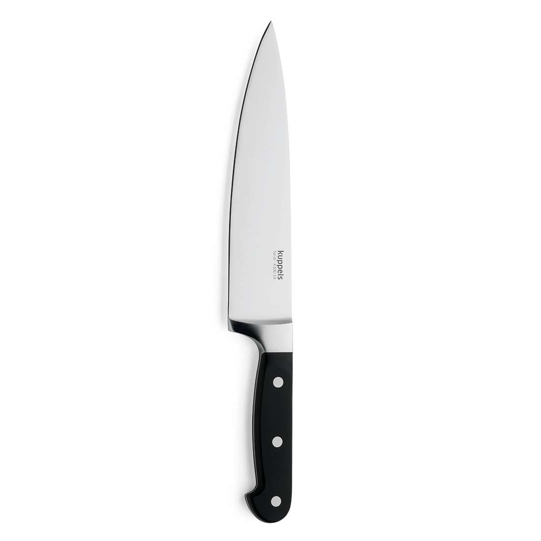 Das Kuppels SOLID Kochmesser 8" verfügt über eine breite Klinge aus rostfreiem Stahl und einen schwarzen Griff mit drei Nieten, abgebildet auf weißem Hintergrund.