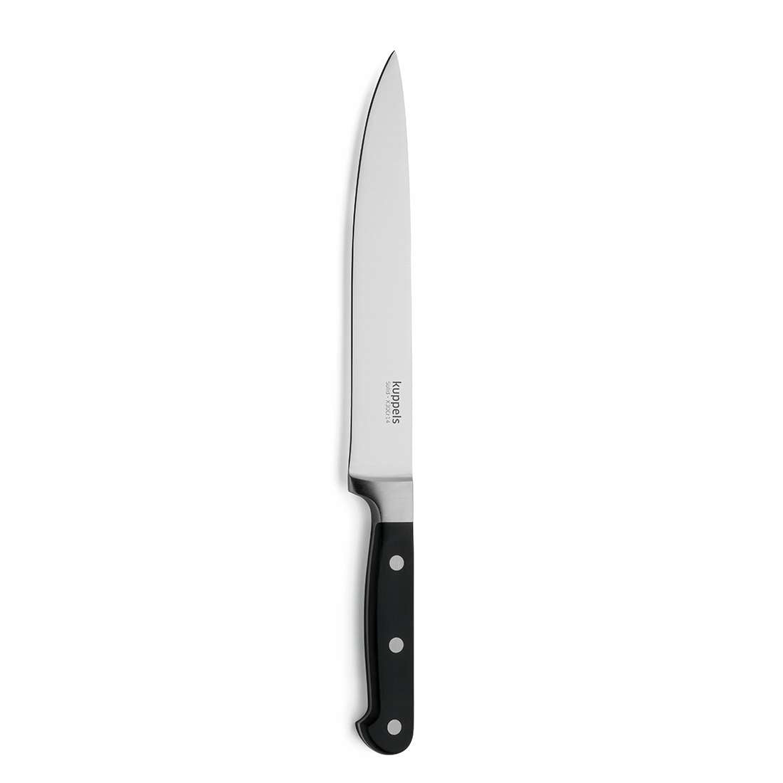 Das Kuppels SOLID Tranchiermesser ist ein Tranchiermesser aus Edelstahl mit spitzer Klinge und schwarzem Griff mit drei Metallnieten, abgebildet auf weißem Hintergrund.