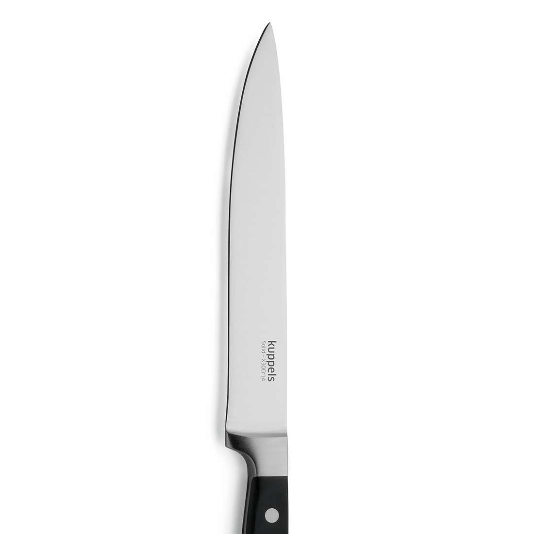 Ein scharfes SOLID Tranchiermesser mit langer, silberner Klinge und schwarzem Griff steht senkrecht vor weißem Untergrund. Der Markenname Kuppels ist in Griffnähe auf der Klinge eingeprägt.