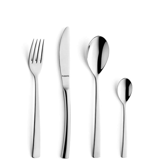 Das 24-teilige SOUL Besteckset von Kuppels aus Edelstahl 18/0 enthält Gabeln, Messer, Esslöffel und Teelöffel – hochwertig verarbeitet und perfekt für stilvoll gedeckte Tische.