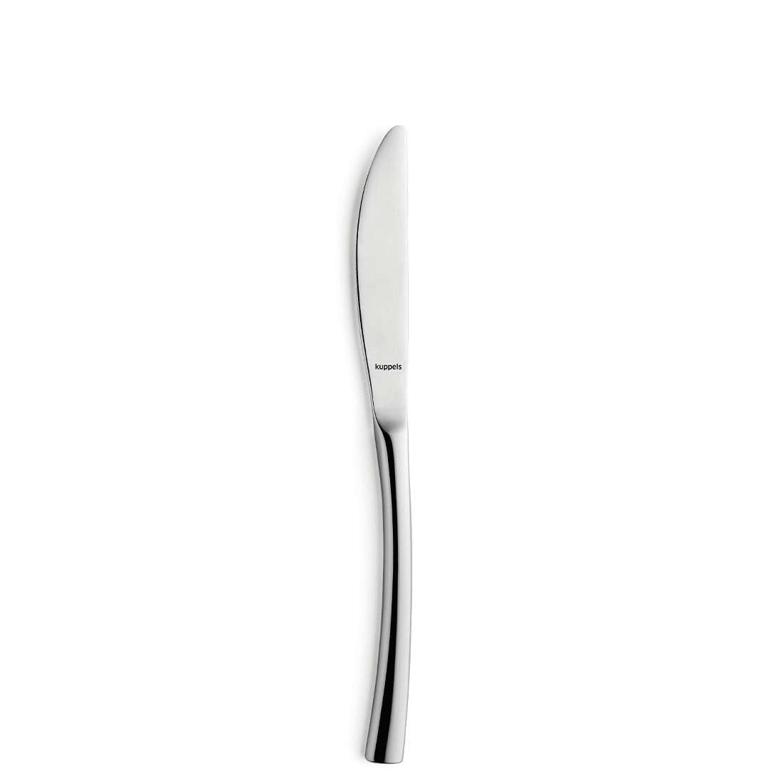 Ein einzelnes Kuppels SOUL Besteckset 24-teilig Edelstahlmesser mit glattem, leicht gebogenem Griff steht aufrecht vor einem schlichten weißen Hintergrund.