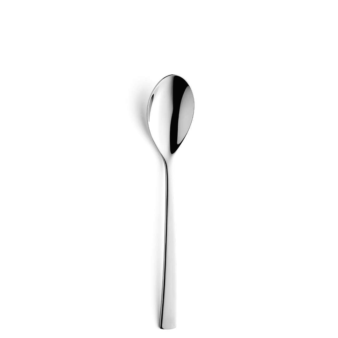 Ein einzelner Löffel aus dem Kuppels SOUL Besteckset 24-teilig, aus Edelstahl 18/0 mit glänzender, reflektierender Oberfläche, steht aufrecht auf einem schlichten weißen Hintergrund.