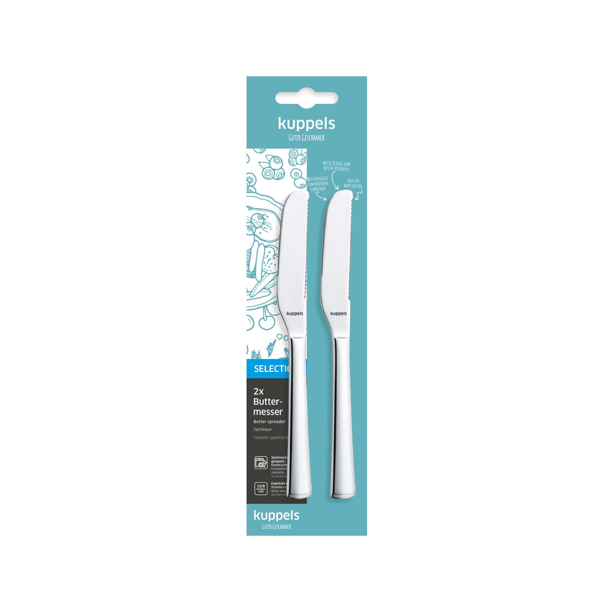 Zwei SELECTION-Buttermesser aus Edelstahl von Kuppels werden aufrecht in einer blau-weißen Verpackung mit dem Kuppels-Logo präsentiert, auf der Produktdetails und illustrative Grafiken zu sehen sind. Dieses hochwertige 2-teilige Kuppels SELECTION-Buttermesser-Set eignet sich ideal zum mühelosen und gleichmäßigen Verteilen von Butter.