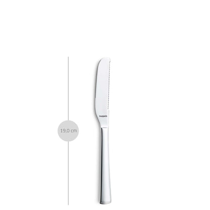 Ein 2-teiliges Butterstreicher-Set von Kuppels SELECTION aus Edelstahl (18/10) mit einem Tischmesser mit abgerundeter Spitze und gezackter Klinge steht aufrecht neben einer vertikalen Linie, die seine Länge von 19,0 cm angibt, vor einem schlichten weißen Hintergrund.