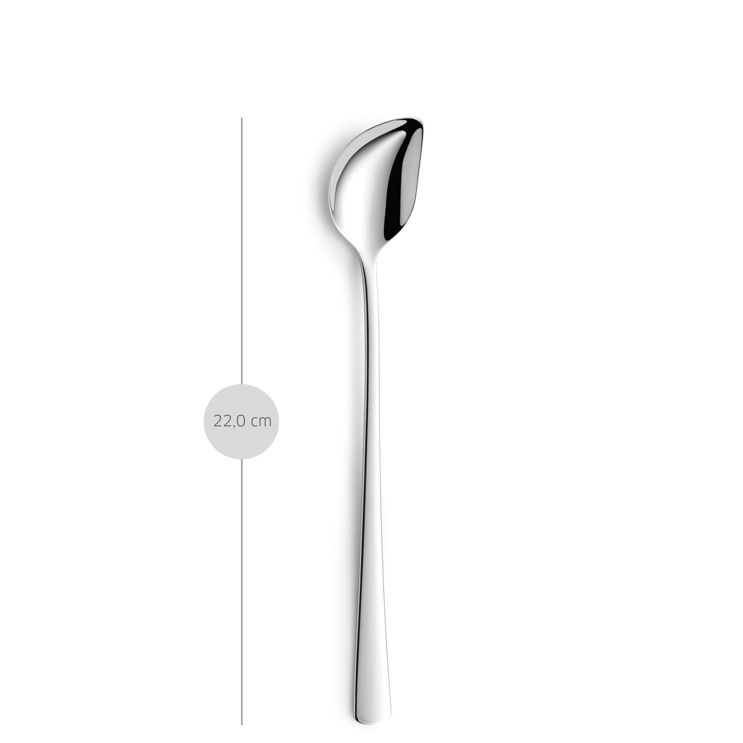 Das 2-teilige Joghurtlöffel-Set „SELECTION“ von Kuppels besteht aus glänzenden Edelstahllöffeln mit langen, 22,0 cm langen Stielen, die vor einem weißen Hintergrund präsentiert werden.