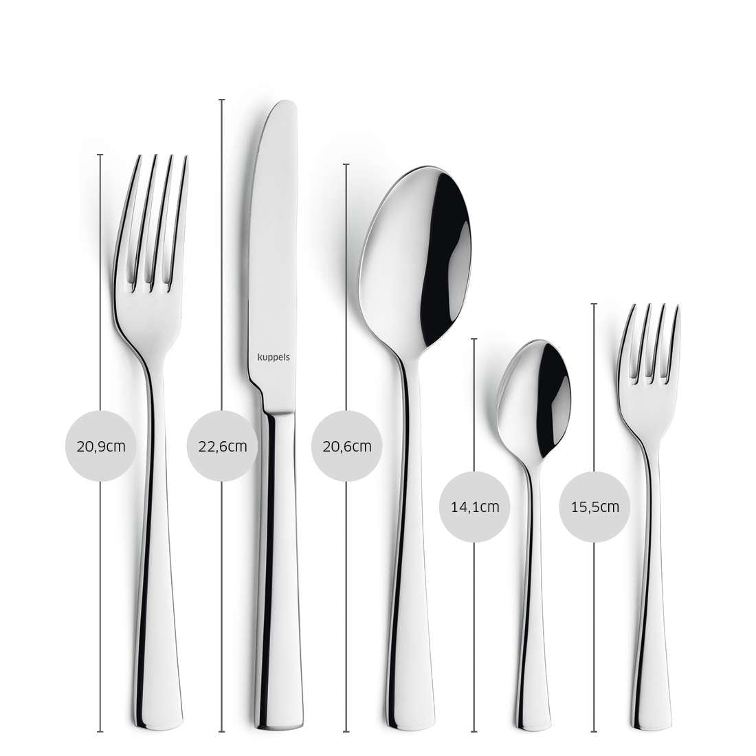 Das 30-teilige FLAIR Besteckset von Kuppels aus Edelstahl 18/10 präsentiert sich mit elegantem Design. Die Teile sind vertikal angeordnet, Maße stehen neben jedem Besteckteil. Abgebildet vor weißem Hintergrund.