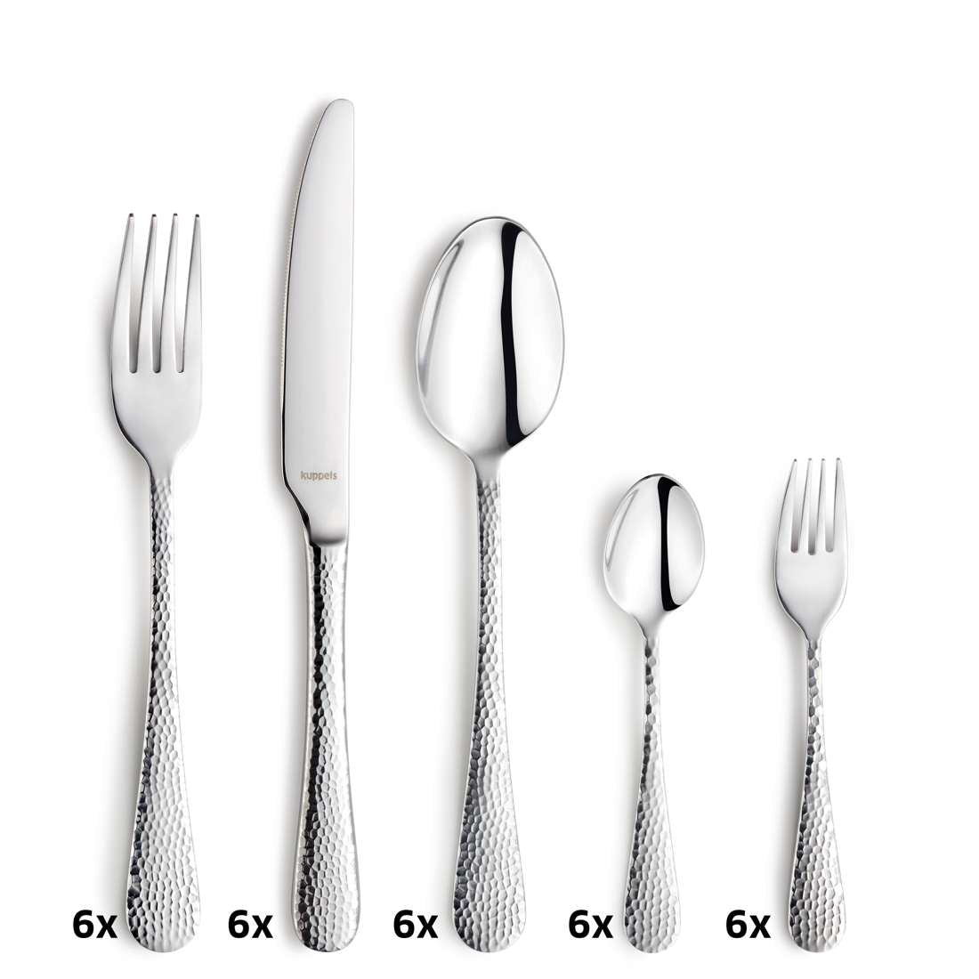 Das Kuppels Home CRYSTAL Besteckset 30-teilig zeigt auf weißem Grund fünf Arten von strukturiertem Edelstahlbesteck - jeweils mit der Aufschrift "6x" für sechs Teile - in einer Reihe.