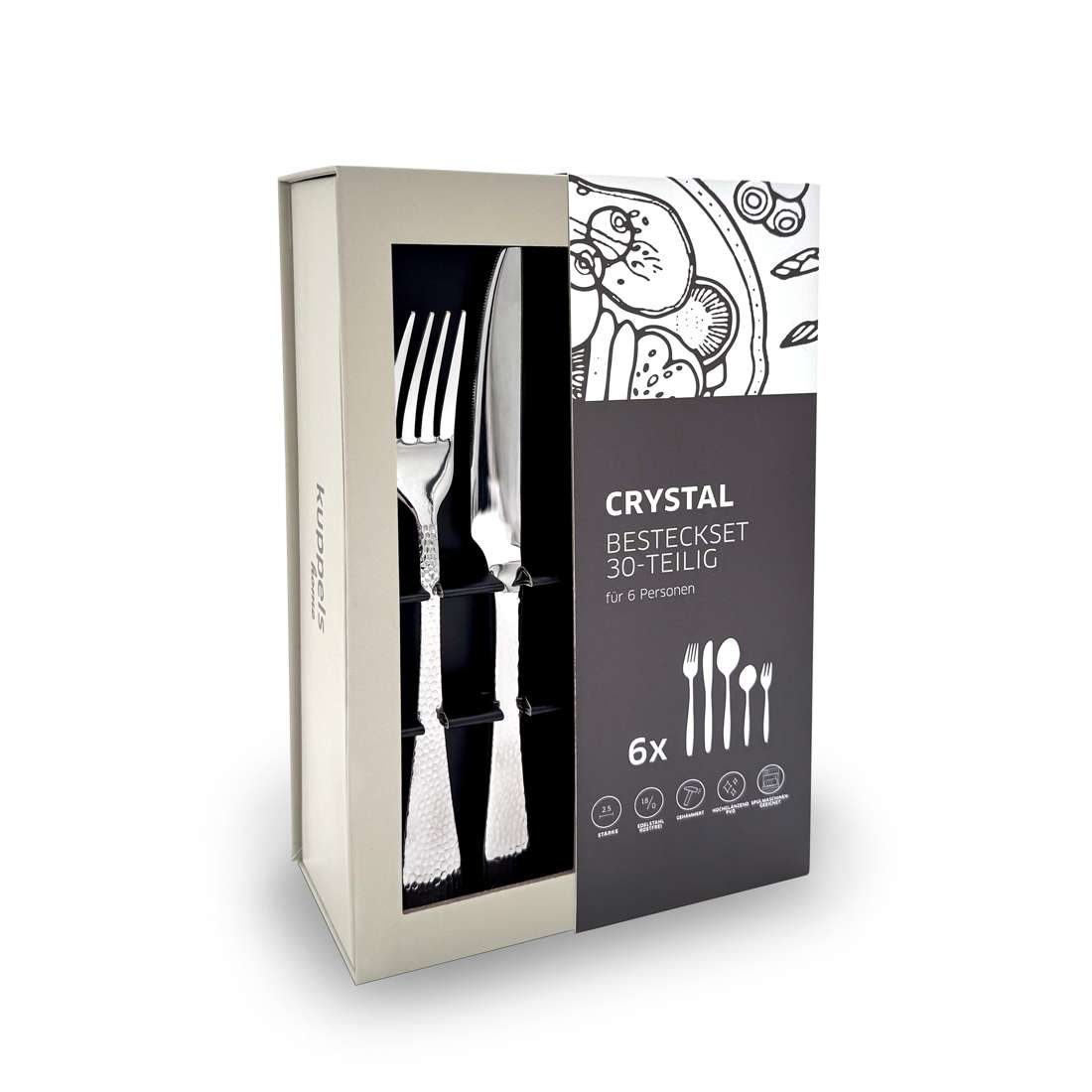 Das CRYSTAL Besteckset 30-teilig von Kuppels Home ist für 6 Personen geeignet, hat eine stilvolle Hammerschlag-Struktur und wird in einer Schachtel mit den Abbildungen von Gabel, Messer, Löffel und Besteck oben rechts geliefert. Hergestellt aus Edelstahl 18/0.