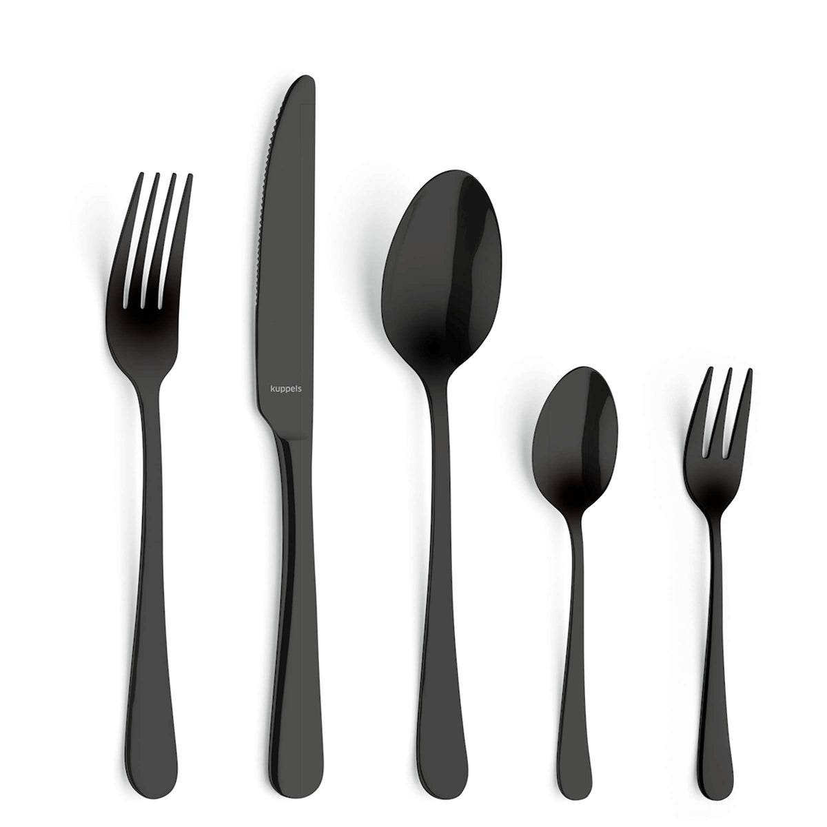 Fünf Teile aus dem „Kuppels Home DELIA Besteckset 30-teilig PVD schwarz“ – gefertigt aus Edelstahl mit einer eleganten PVD-Schwarz-Beschichtung, darunter eine Essgabel, ein Messer, ein Suppenlöffel, ein Teelöffel und eine Salatgabel – sind ordentlich in einer Reihe auf weißem Hintergrund angeordnet.