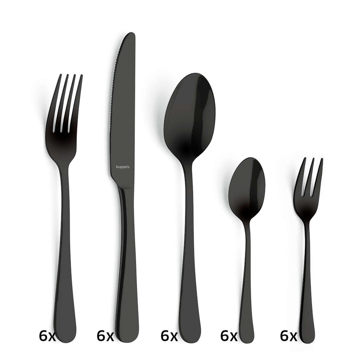 Fünf schwarze Besteckteile – Essgabel, Messer, Esslöffel, Teelöffel und Salatgabel –, jeweils als sechsteiliges Set dargestellt und nebeneinander auf weißem Hintergrund angeordnet. Das elegante DELIA Besteckset 30-teilig PVD schwarz von Kuppels Home ist aus robustem Edelstahl gefertigt und verfügt über eine edle PVD-Schwarz-Beschichtung, die für Langlebigkeit und modernen Stil sorgt.