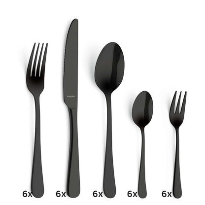 Fünf schwarze Besteckteile – Essgabel, Messer, Esslöffel, Teelöffel und Salatgabel –, jeweils als sechsteiliges Set dargestellt und nebeneinander auf weißem Hintergrund angeordnet. Das elegante DELIA Besteckset 30-teilig PVD schwarz von Kuppels Home ist aus robustem Edelstahl gefertigt und verfügt über eine edle PVD-Schwarz-Beschichtung, die für Langlebigkeit und modernen Stil sorgt.