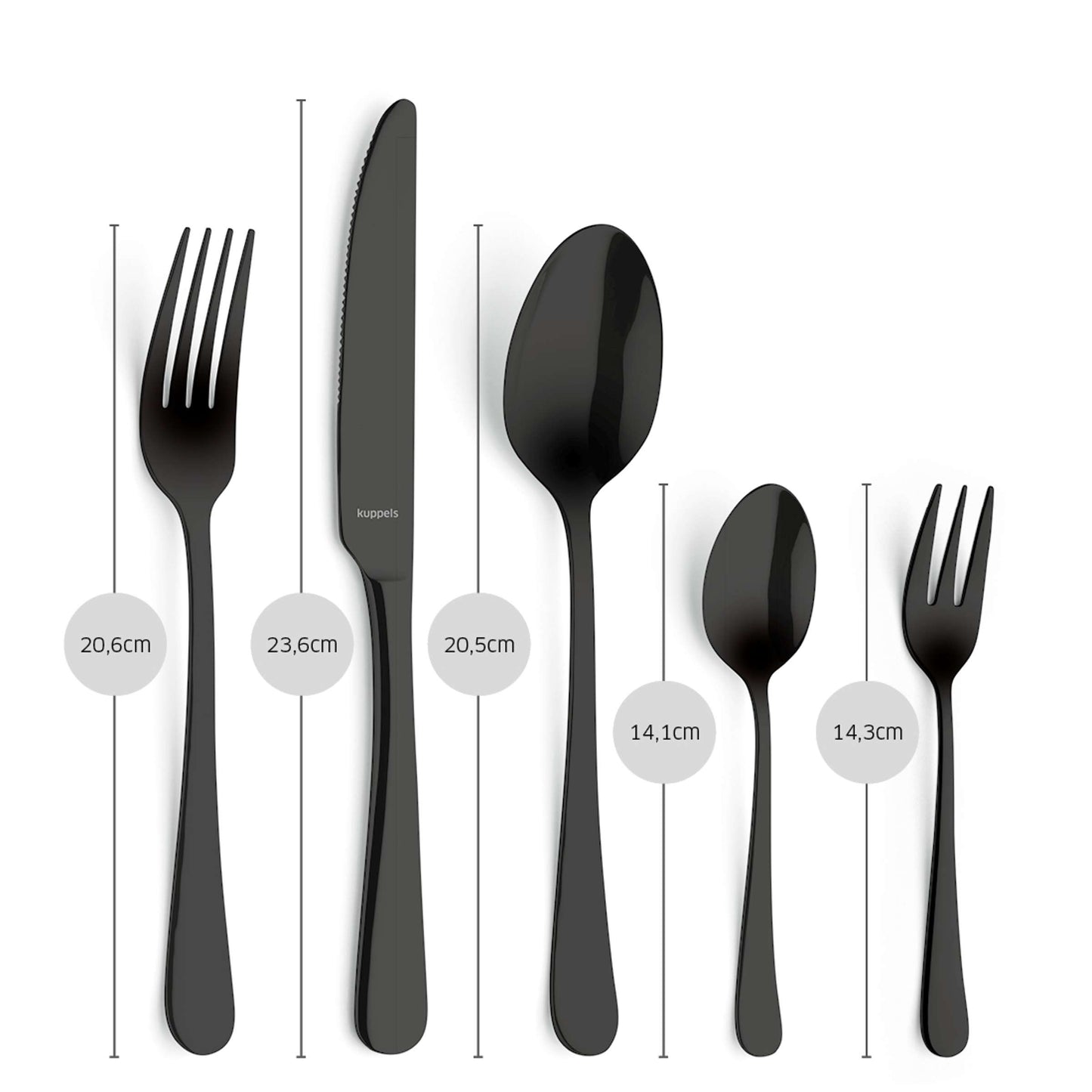 Fünf schwarze Besteckteile – Gabel (20,6 cm), Messer (23,6 cm), Esslöffel (20,5 cm), Teelöffel (14,1 cm) sowie Dessertgabel (14,3 cm) – aus dem „DELIA Besteckset 30-teilig PVD schwarz“ von Kuppels Home sind aus hochwertigem Edelstahl gefertigt und mit einer eleganten PVD-Schwarz-Beschichtung versehen. Sie sind vertikal angeordnet und mit den jeweiligen Längenangaben versehen – perfekt, um jede stilvolle Tischdekoration aufzuwerten.