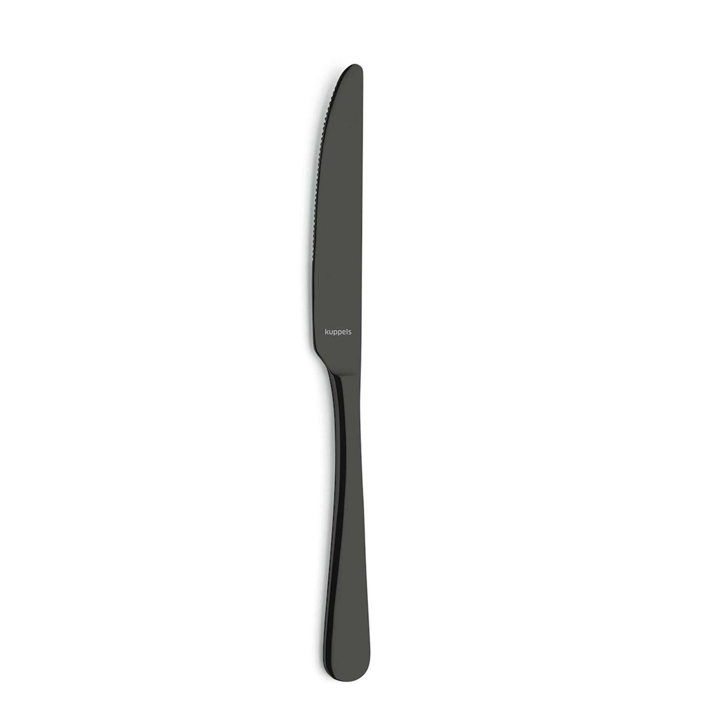 Ein einzelnes Edelstahl-Essmesser aus dem „Kuppels Home DELIA Besteckset 30-teilig PVD schwarz“ wird vor einem schlichten weißen Hintergrund präsentiert. Dieses elegante Stück besticht durch eine glatte schwarze PVD-Beschichtung, einen sanft geschwungenen Griff und eine gezackte Klinge – und ergänzt damit perfekt jedes moderne Edelstahlbesteck oder komplettes Besteckset.