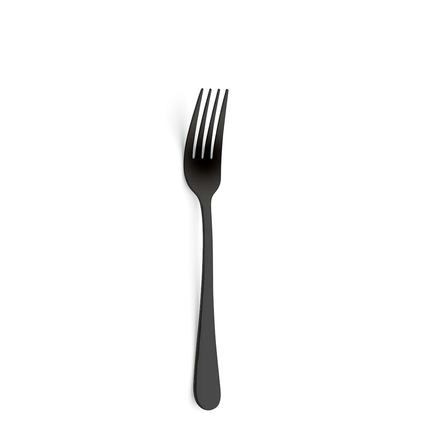Eine einzelne schwarze Gabel aus dem DELIA Besteckset 30-teilig PVD schwarz von Kuppels Home, gefertigt aus elegantem Edelstahl mit einer glatten PVD-Schwarz-Beschichtung, ist auf einem schlichten weißen Hintergrund in der Mitte abgebildet.