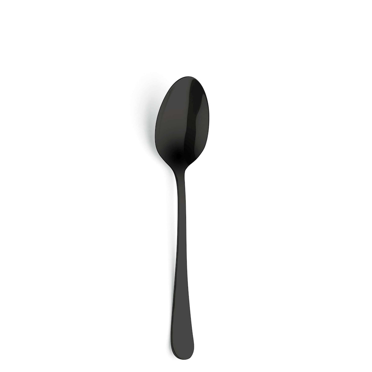 Ein einzelner Löffel aus dem „Kuppels Home DELIA Besteckset 30-teilig PVD schwarz“, gefertigt aus hochwertigem Edelstahl und mit einer eleganten schwarzen PVD-Beschichtung mit spiegelnder Oberfläche versehen, ist senkrecht vor einem schlichten weißen Hintergrund abgebildet.