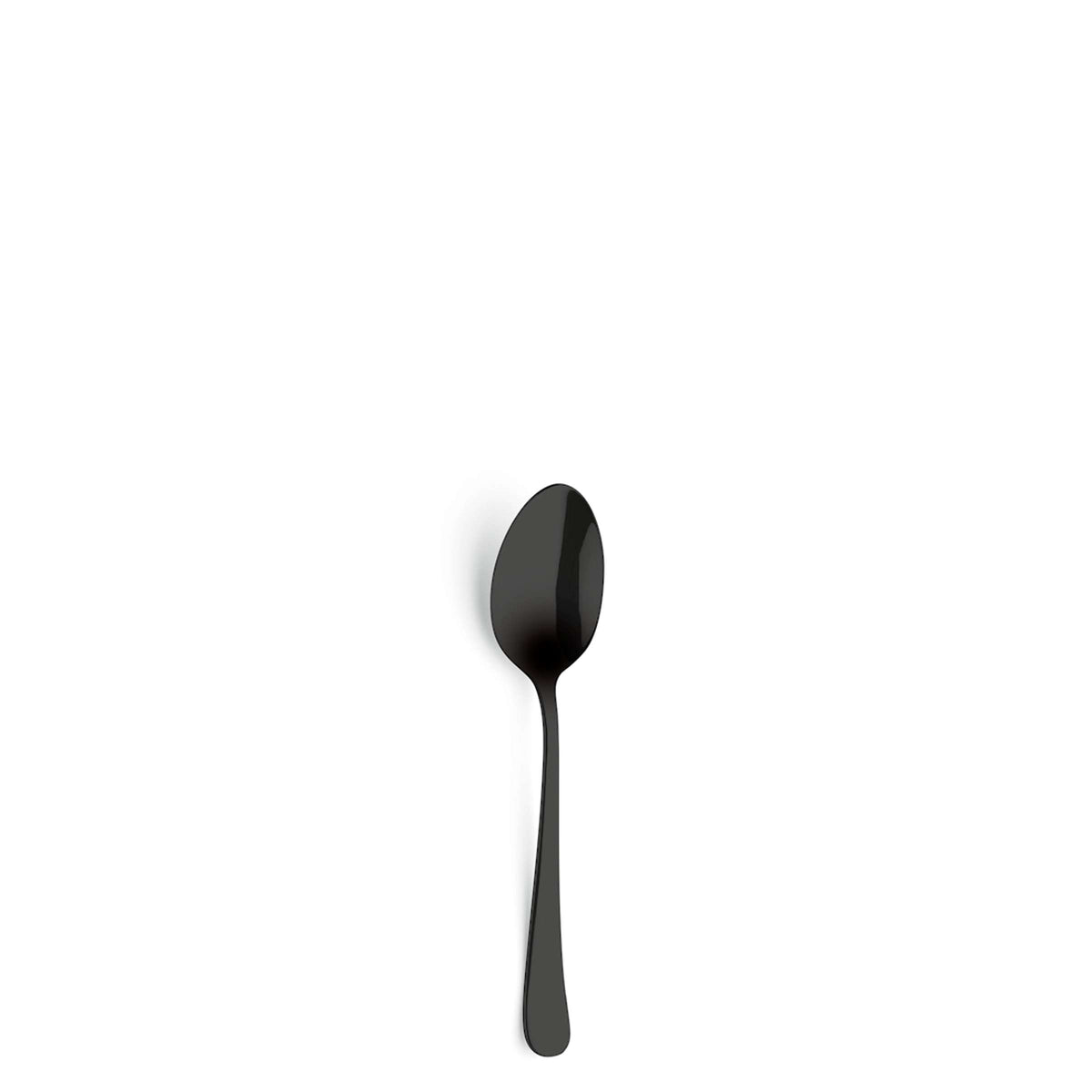 Ein einzelner schwarzer Löffel aus dem DELIA Besteckset 30-teilig PVD schwarz von Kuppels Home ist auf einem schlichten weißen Hintergrund zentriert und wirft einen schwachen Schatten nach links.