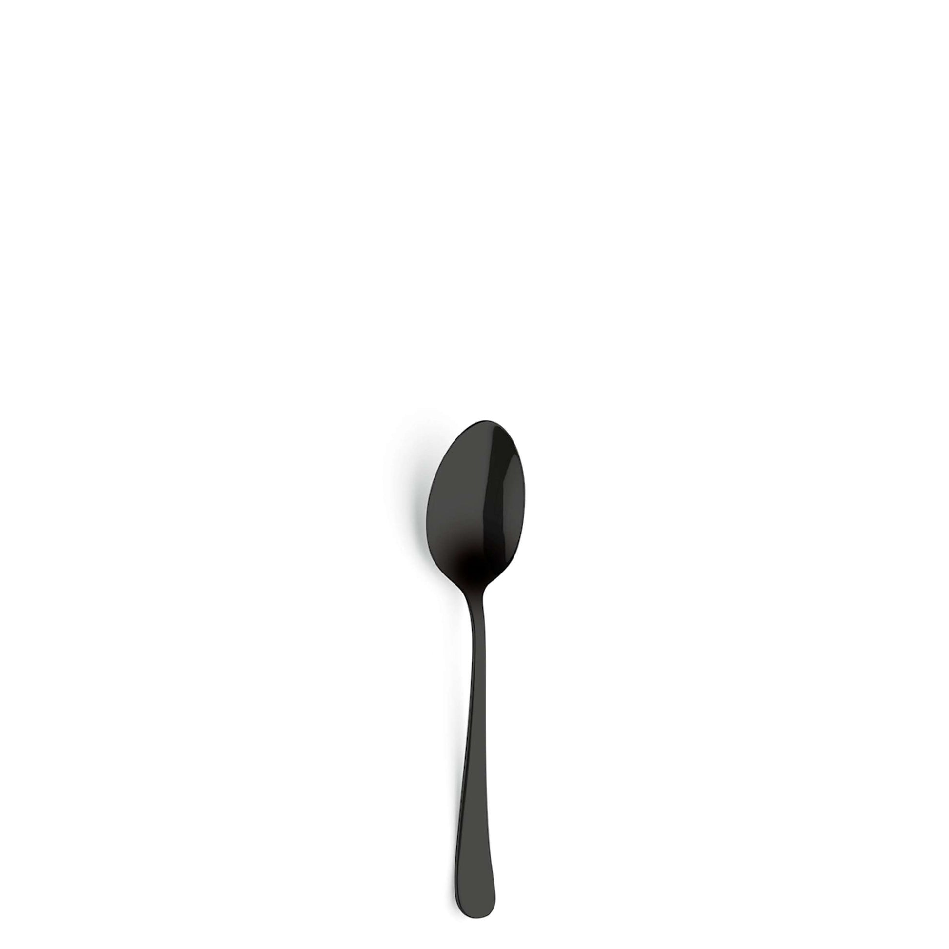 Ein einzelner schwarzer Löffel aus dem DELIA Besteckset 30-teilig PVD schwarz von Kuppels Home ist auf einem schlichten weißen Hintergrund zentriert und wirft einen schwachen Schatten nach links.