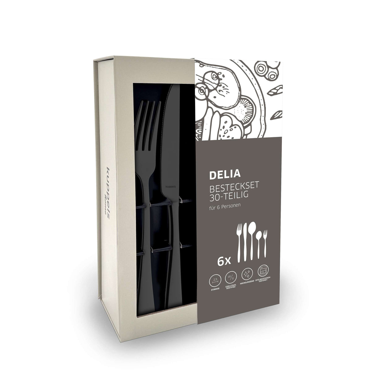 Das Edelstahl-Besteckset für sechs Personen, das „DELIA Besteckset 30-teilig PVD schwarz“ von Kuppels Home, umfasst Gabeln, Messer und Löffel in einem eleganten, modernen Design mit einer auffälligen schwarzen PVD-Beschichtung. Die stilvolle, teilweise illustrierte Verpackung verleiht Ihrer Tischdekoration eine raffinierte Note.