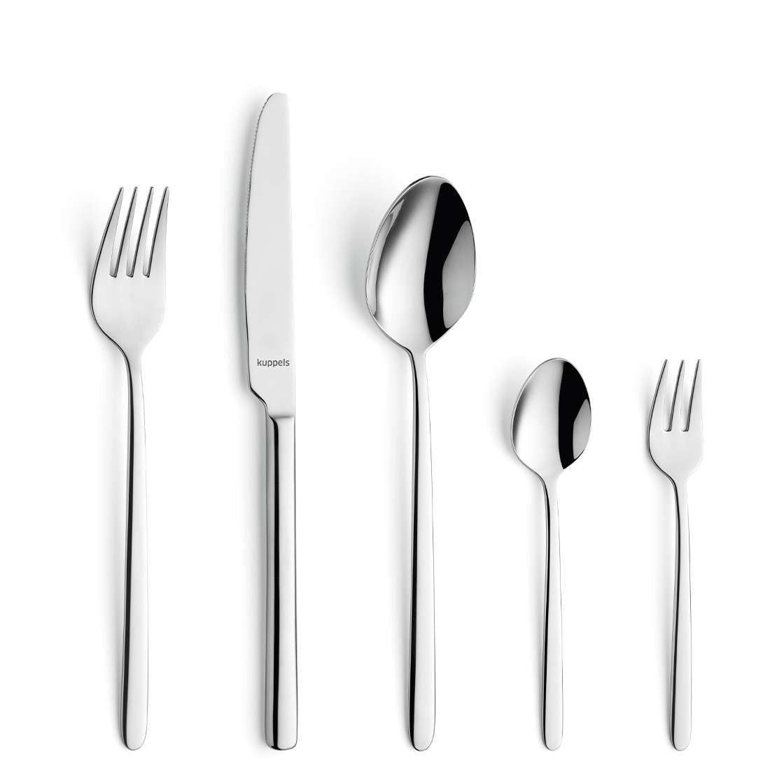 Das Kuppels CUTE Besteckset 30-teilig zeigt fünf Utensilien aus Edelstahl 18/10 – Menügabel, Tafelmesser, Suppenlöffel, Teelöffel und Dessertgabel – mit schlankem Design und polierten Griffen auf weißem Hintergrund.
