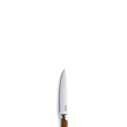 Ein einzelnes Kuppels AVID Gemüsemesser mit einer glänzenden Klinge aus 50CrMoV15-Stahl und einem eleganten Griff aus Eschenholz ist auf weißem Hintergrund in der Bildmitte abgebildet.