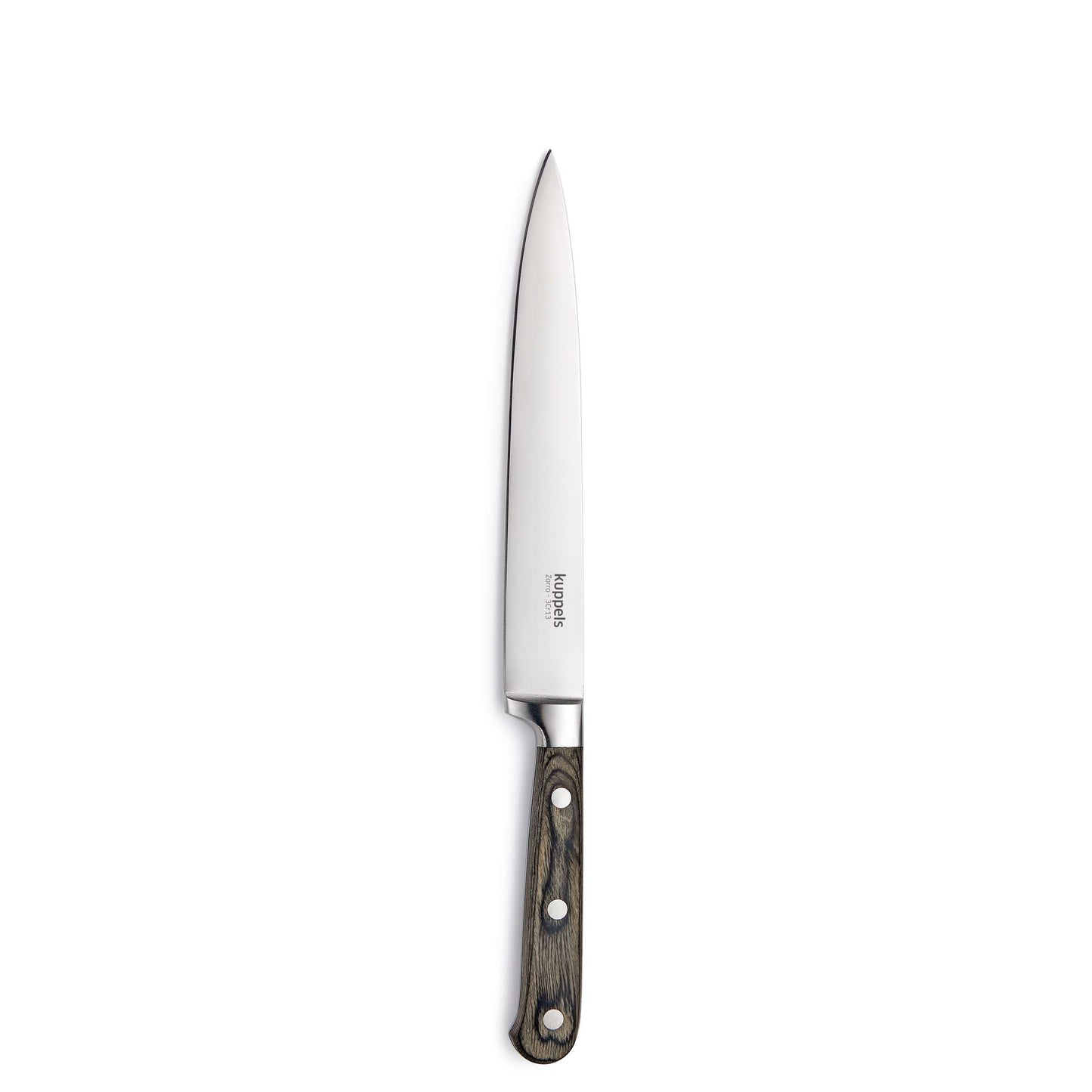 Ein glänzendes Kuppels-Küchenmesser aus dem 5-teiligen ZORRO-Messerblock-Set mit einer langen Klinge aus Edelstahl und einem dunklen Holzgriff mit drei Metallnieten, abgebildet auf weißem Hintergrund.