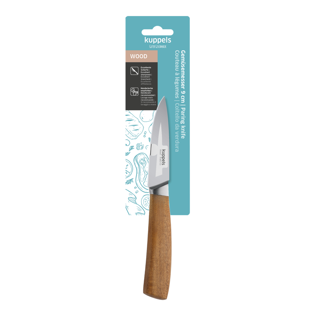 Ein HOLZ-Spickmesser von Kuppels in seiner Verpackung, mit einer Klinge aus rostfreiem Stahl und einem Griff aus Akazienholz. Die blau-weiße Schachtel zeigt Produktangaben und Gemüseabbildungen.