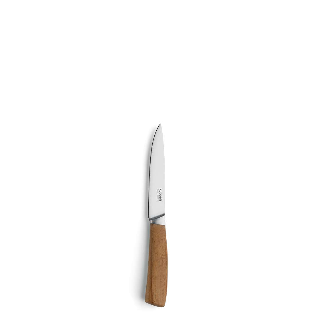 Das Kuppels WOOD Küchenmesser 2-teilig zeichnet sich durch eine glänzende, scharfe Klinge und einen glatten Akazienholzgriff aus, ideal zum Obst und Gemüse schneiden, hier zentriert auf einem schlichten weißen Hintergrund.
