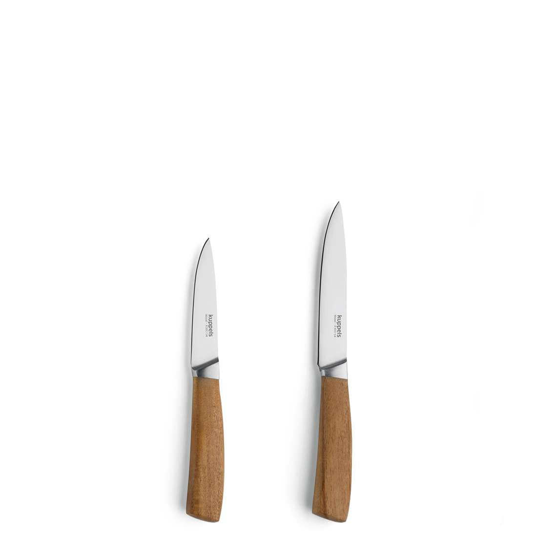 Das Kuppels WOOD Küchenmesser 2-teilig bietet zwei kleine Messer mit scharfer Klinge und braunen Akazienholzgriffen, Seite an Seite auf weißem Hintergrund - ideal zum Schneiden von Obst und Gemüse.