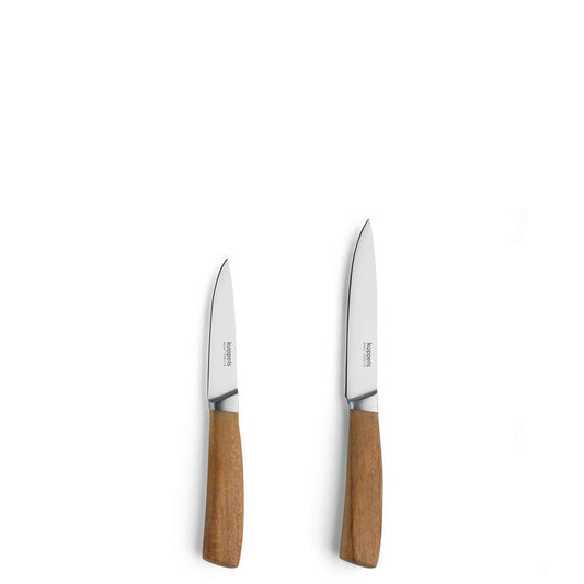 Das Kuppels WOOD Küchenmesser 2-teilig bietet zwei kleine Messer mit scharfer Klinge und braunen Akazienholzgriffen, Seite an Seite auf weißem Hintergrund - ideal zum Schneiden von Obst und Gemüse.