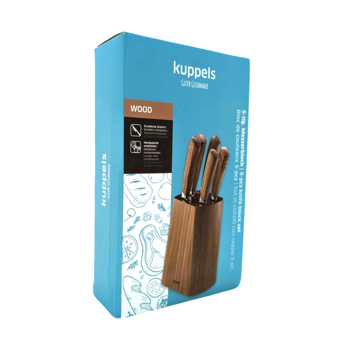 Eine blaue Schachtel zeigt den Kuppels WOOD Messerblock 5-teilig mit fünf Messern in einem Akazienholzblock. Die Produkteigenschaften sind in Deutsch und Englisch aufgeführt, und ein braunes Etikett zeigt das Wort "WOOD".