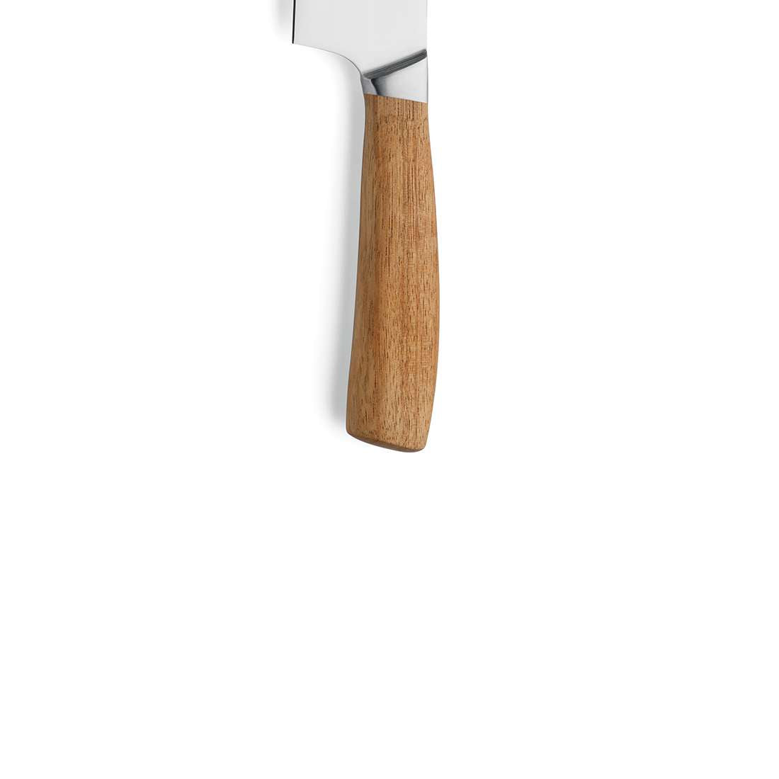 Eine Nahaufnahme des Kuppels WOOD Kochmessers 8" mit einer Klinge aus Chrom-Vanadium-Stahl und einem raffinierten Akazienholzgriff, präsentiert auf einem schlichten weißen Hintergrund.