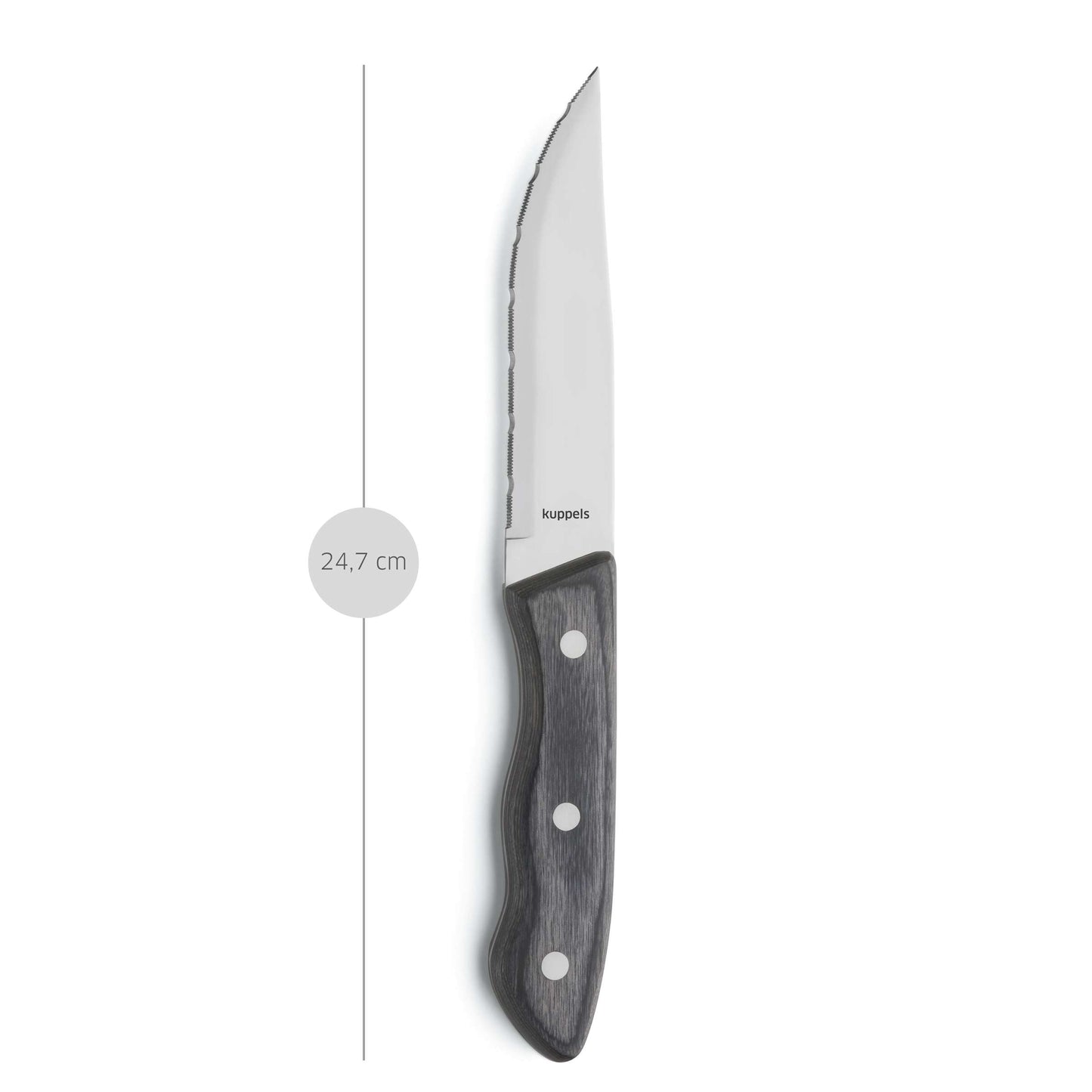 Ein „SELECTION“-Steakmesser von Kuppels ist mit einer gezackten Klinge, einem schwarzen Griff und drei Nieten zu sehen, neben einer vertikalen Linie, die seine Länge von 24,7 cm markiert. Der Markenname ist auf der Klinge zu sehen.