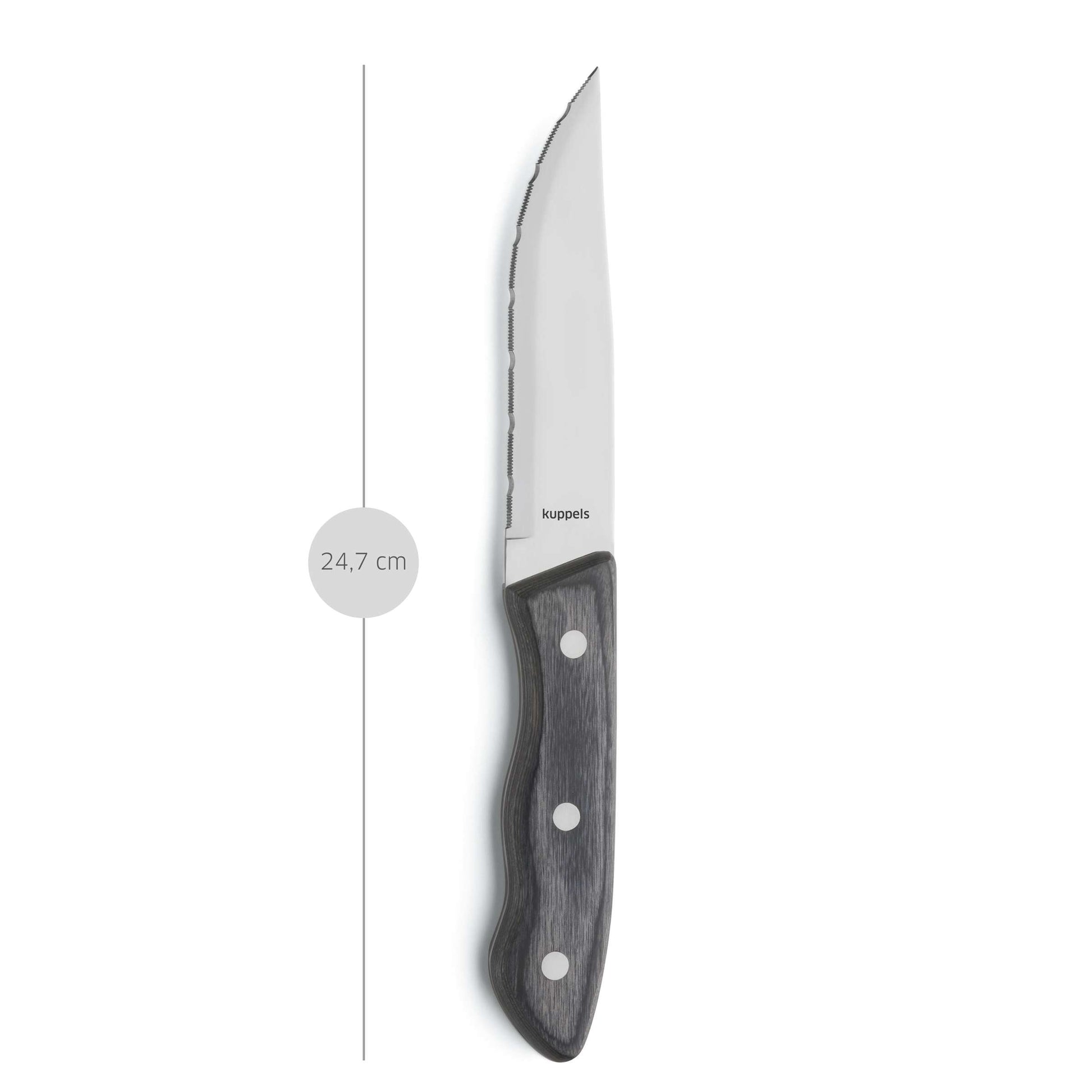 Ein „SELECTION“-Steakmesser von Kuppels ist mit einer gezackten Klinge, einem schwarzen Griff und drei Nieten zu sehen, neben einer vertikalen Linie, die seine Länge von 24,7 cm markiert. Der Markenname ist auf der Klinge zu sehen.