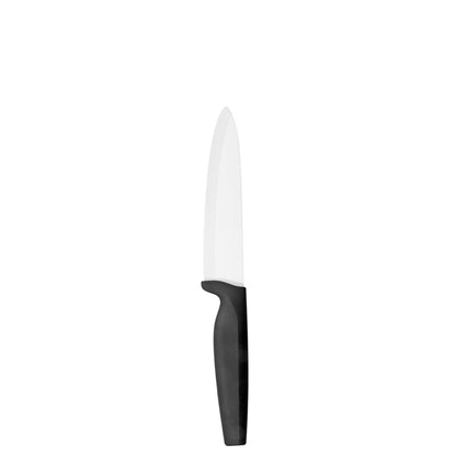 Das Kuppels CERAMIC Kochmesser verfügt über eine 15 cm lange weiße Keramikklinge und einen schwarzen Griff und ist hier isoliert vor einem weißen Hintergrund abgebildet.