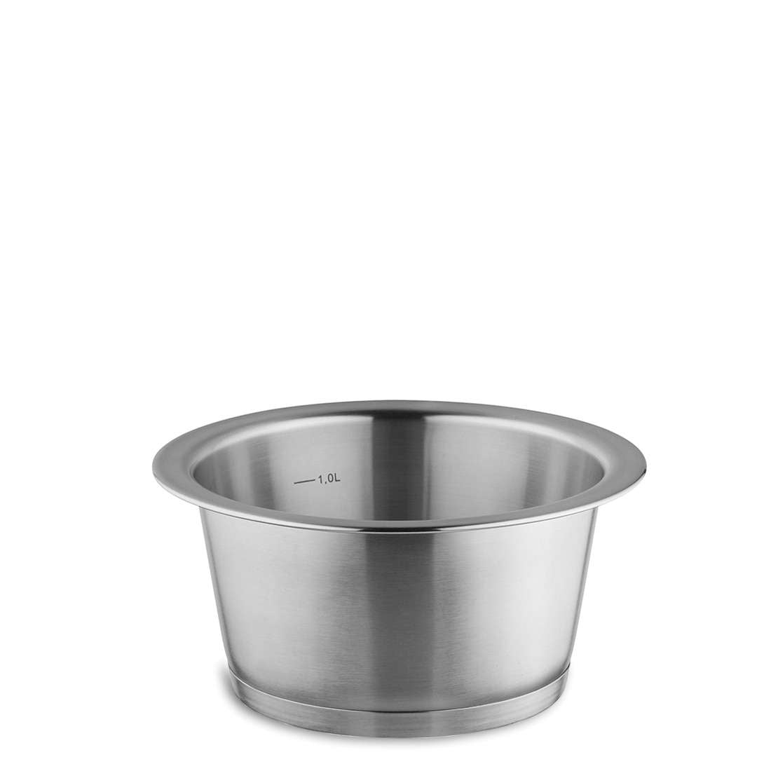 Der Kuppels QUICK CLACK PRO Topf 16 cm ist ein Edelstahltopf mit breitem Rand, matter Oberfläche und 1,0-Liter-Markierung innen. Er ist induktionsgeeignet und steht leer auf weißem Untergrund.