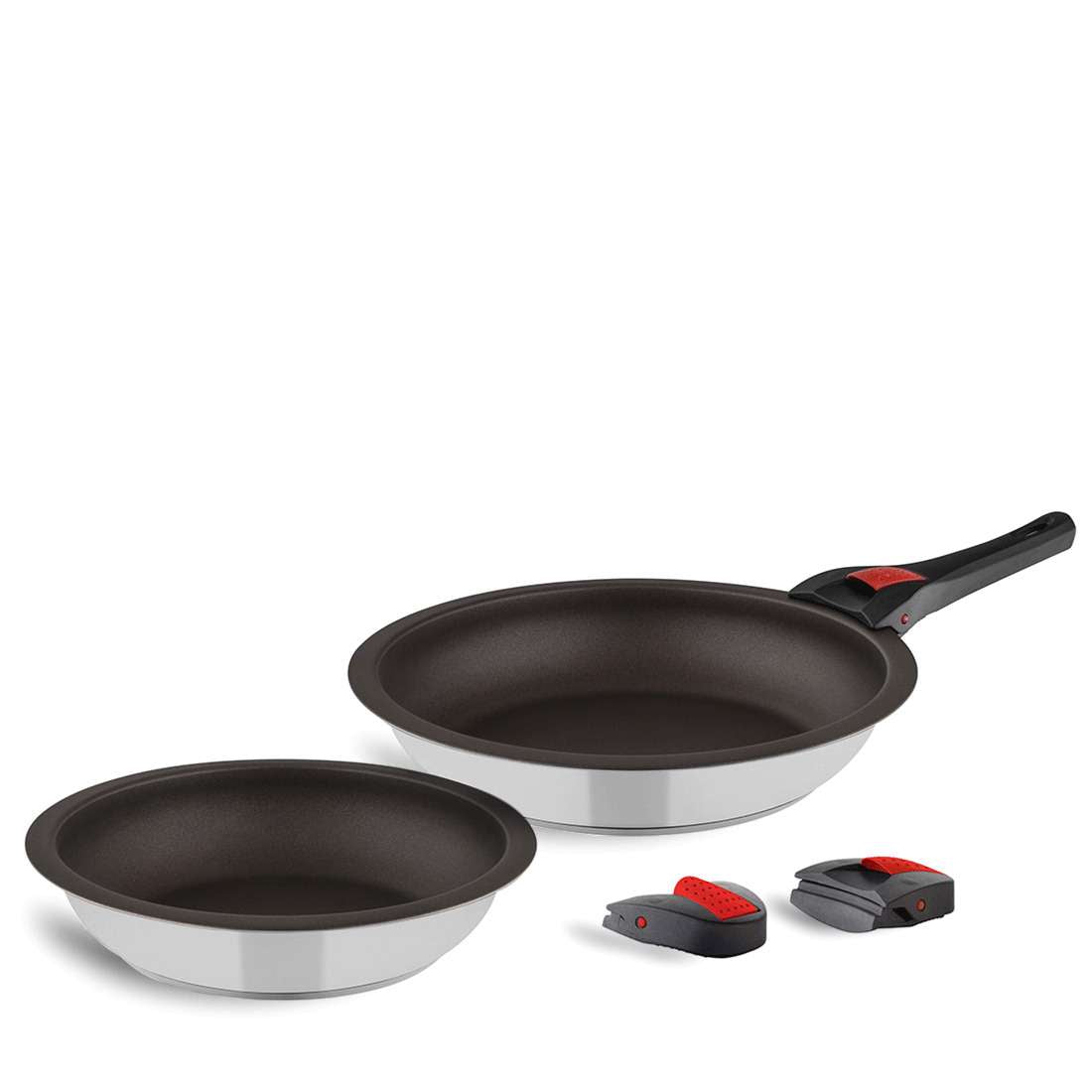 Das Kuppels QUICK CLACK PRO Pfannenset 5-teilig umfasst zwei antihaftbeschichtete Bratpfannen mit Edelstahlaußenseiten und abnehmbarem Griffsystem sowie zwei zusätzliche schwarze und rote Griffe zum bequemen Austauschen.