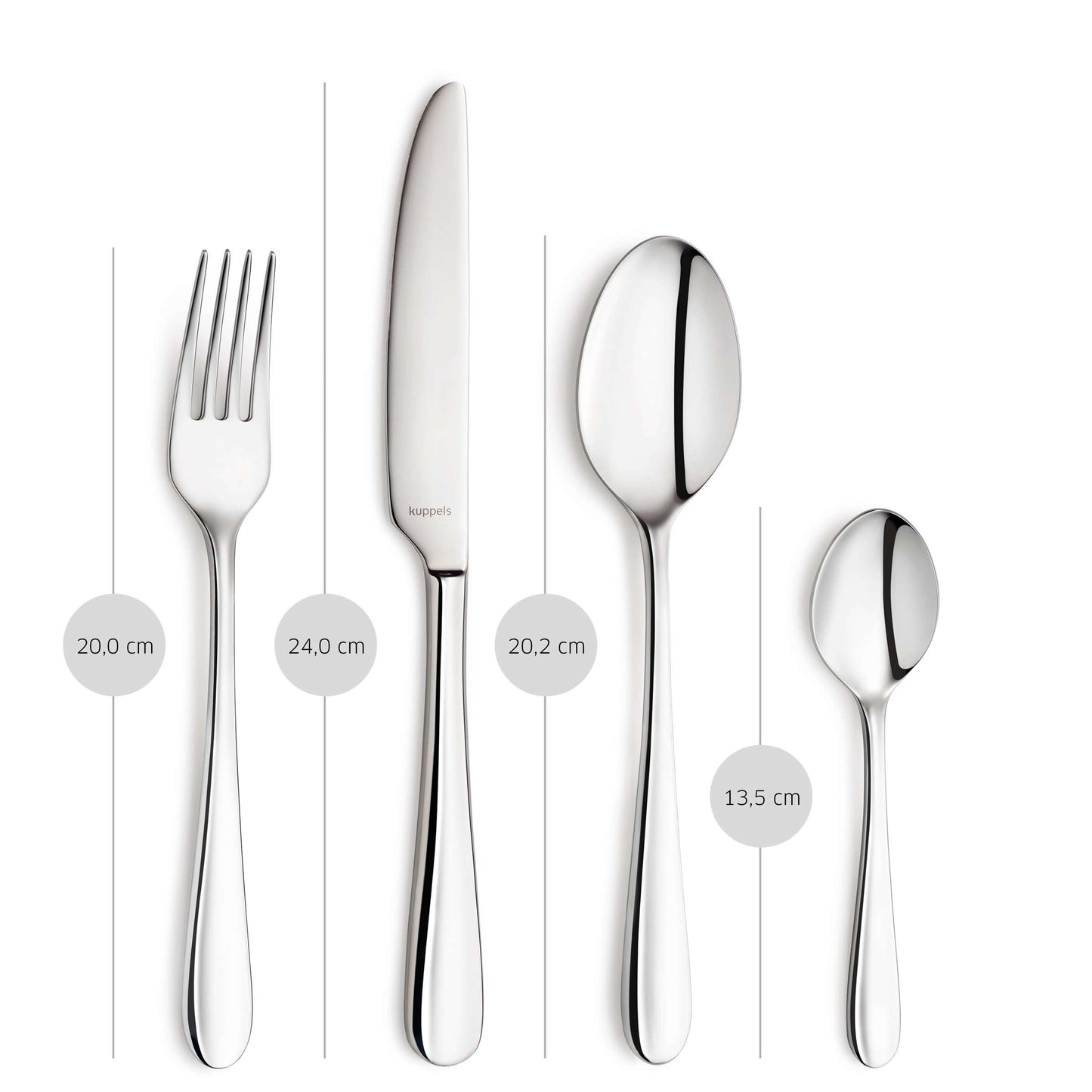 Fünf Besteckteile – eine Gabel, ein Messer, ein Esslöffel, ein Dessertlöffel und ein Teelöffel – sind in einer Reihe angeordnet, wobei ihre Längen mit 20,0 cm, 24,0 cm, 20,2 cm und 13,5 cm beschriftet sind. Diese Auswahl stammt aus dem Kuppels TRIVO Besteckset, 24-teilig aus Edelstahl 18/10 und spülmaschinenfest, das sich durch Alltagstauglichkeit und Langlebigkeit auszeichnet.