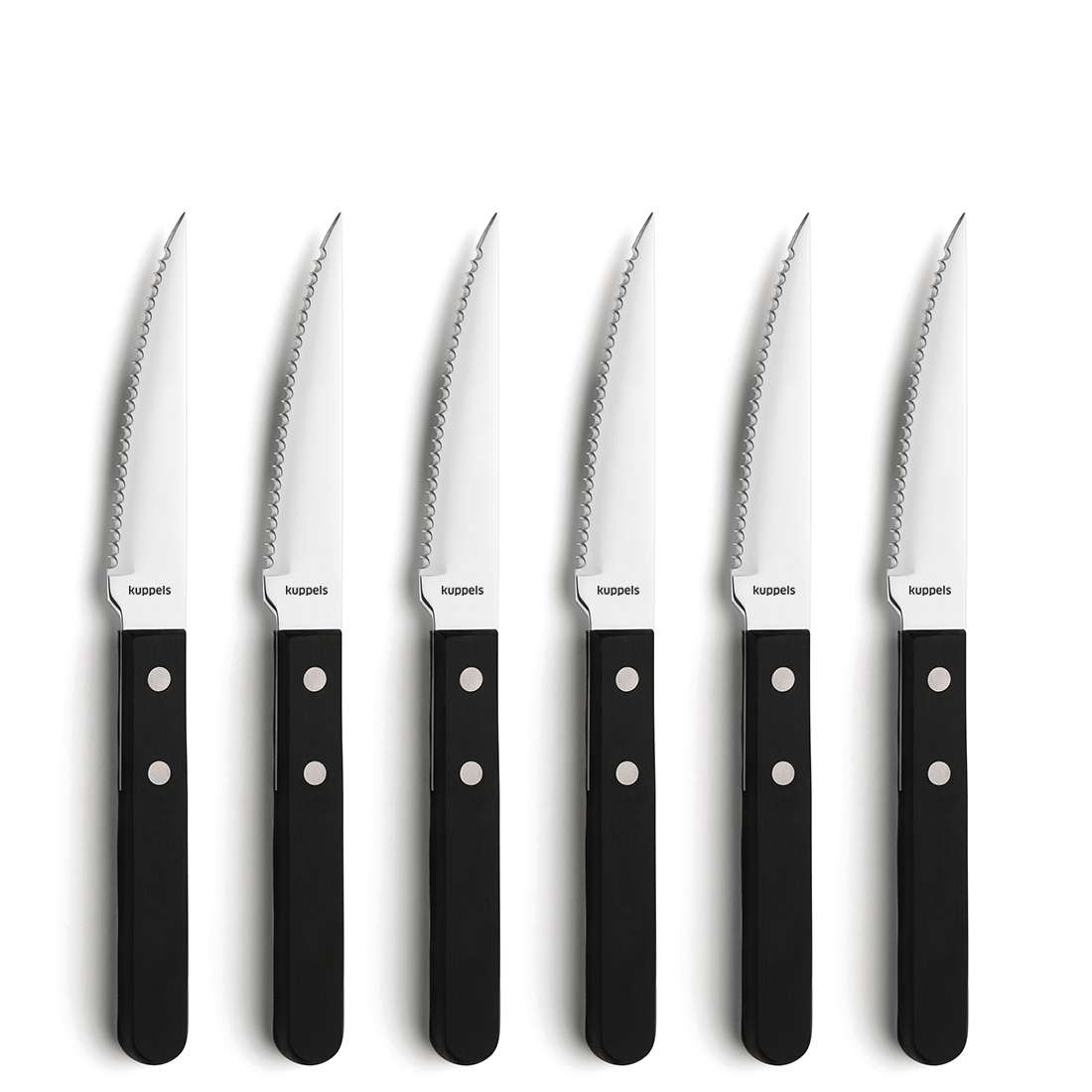 Das Kuppels FILET Steakmesser Set 6-teilig schwarz besteht aus sechs gezahnten Steakmessern mit scharfen Klingen, schwarzen Griffen in klassischer Nietengriff-Optik und silbernen Nieten, vertikal angeordnet auf weißem Hintergrund.