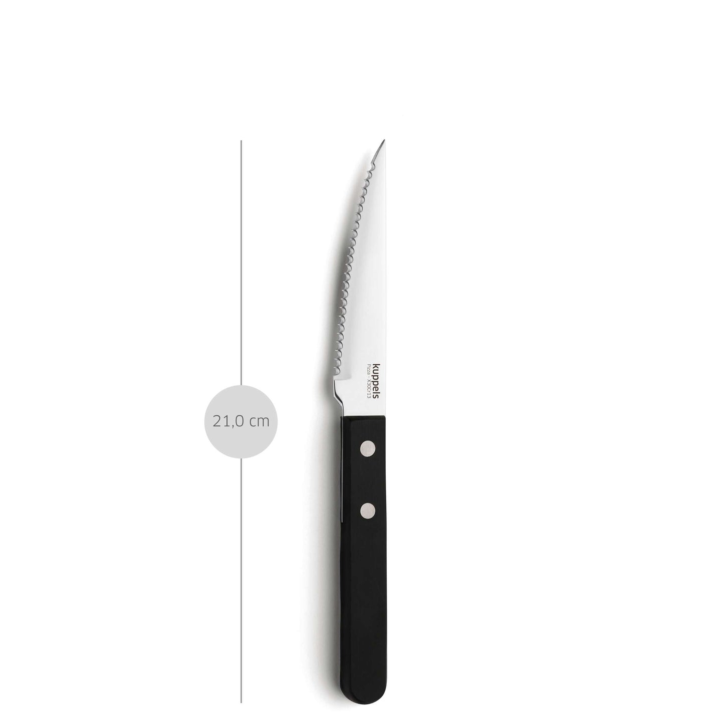 Ein gezacktes FILET-Steakmesser aus dem 6-teiligen Kuppels-Set mit schwarzem Griff und zwei Nieten ist neben einer vertikalen Linie abgebildet, die seine Länge von 21,0 cm auf weißem Hintergrund markiert.