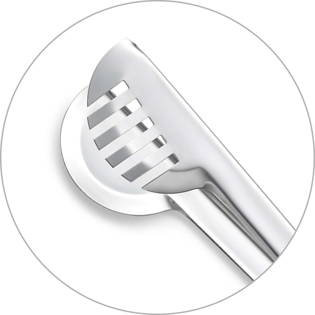 Nahaufnahme der Kuppels SELECTION Servierzange, einer Servierzange aus Edelstahl, die die Funktionen von Gabel und Löffel vereint - ideal für ein Buffet - und auf einem schlichten weißen Hintergrund in einem runden Rahmen präsentiert wird.