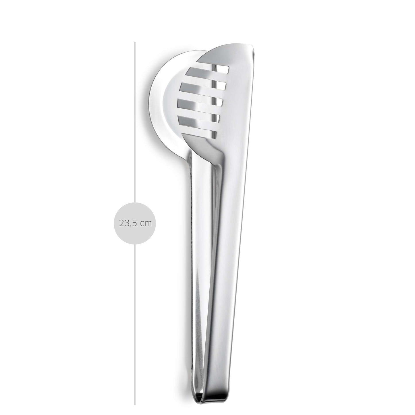 Ein Paar Kuppels SELECTION Servierzangen mit einer glatten und einer geschlitzten Seite, vertikal abgebildet mit einer Längenangabe von 23,5 cm – ideal für Buffets.