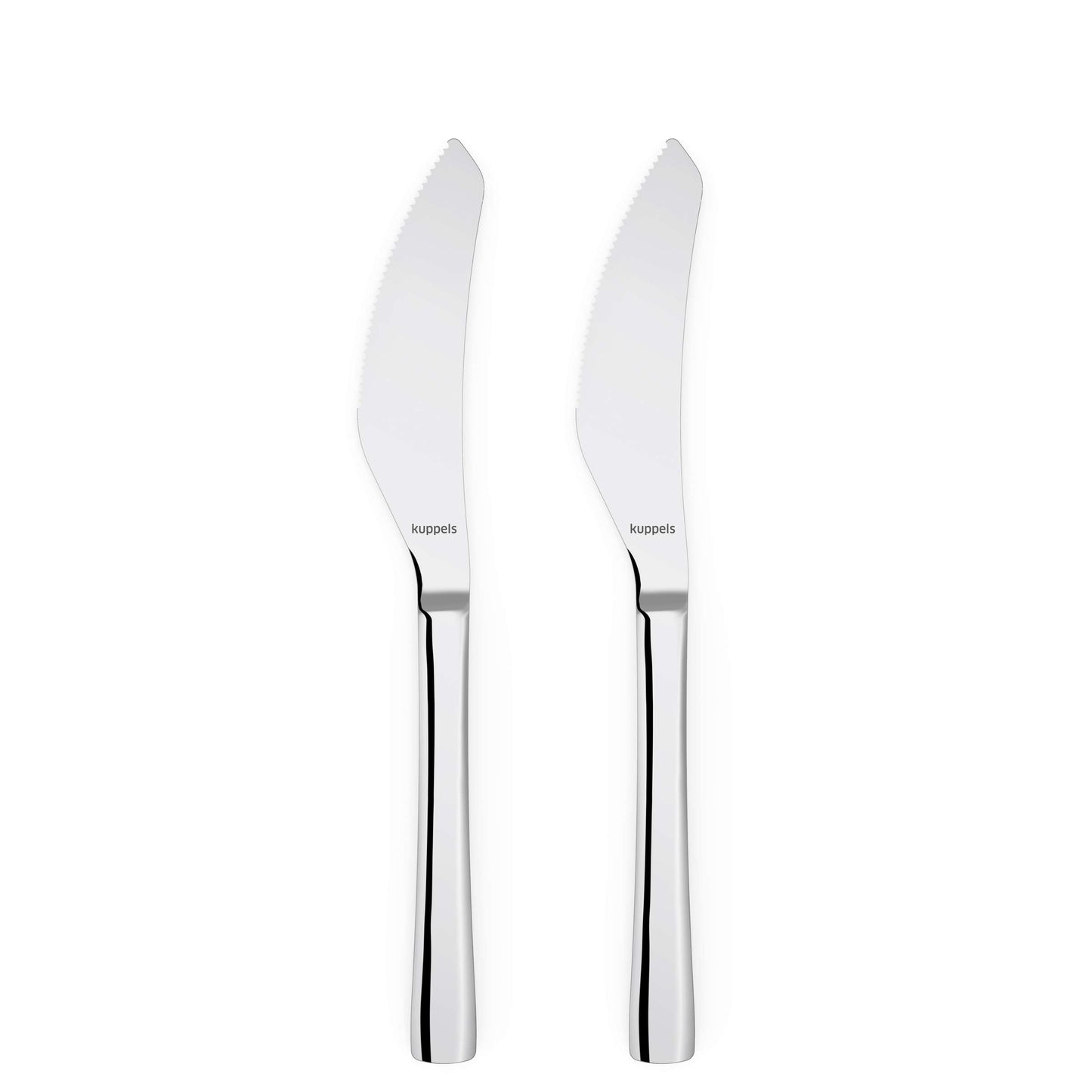 Zwei 2-teilige „SELECTION“-Pizzamesser-Sets von Kuppels mit extra scharfen Klingen aus Edelstahl und eleganten, glänzenden Griffen sind nebeneinander auf weißem Hintergrund abgebildet. Auf jeder Klinge ist das Kuppels-Logo eingraviert.