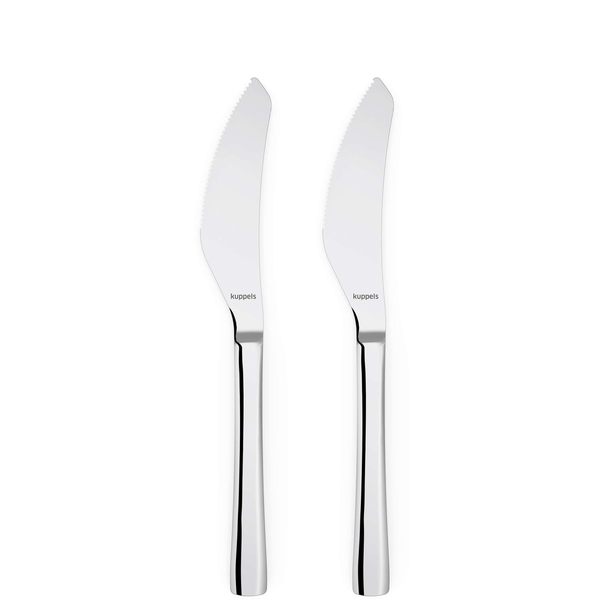 Zwei 2-teilige „SELECTION“-Pizzamesser-Sets von Kuppels mit extra scharfen Klingen aus Edelstahl und eleganten, glänzenden Griffen sind nebeneinander auf weißem Hintergrund abgebildet. Auf jeder Klinge ist das Kuppels-Logo eingraviert.