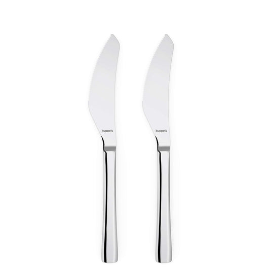 Zwei 2-teilige „SELECTION“-Pizzamesser-Sets von Kuppels mit extra scharfen Klingen aus Edelstahl und eleganten, glänzenden Griffen sind nebeneinander auf weißem Hintergrund abgebildet. Auf jeder Klinge ist das Kuppels-Logo eingraviert.