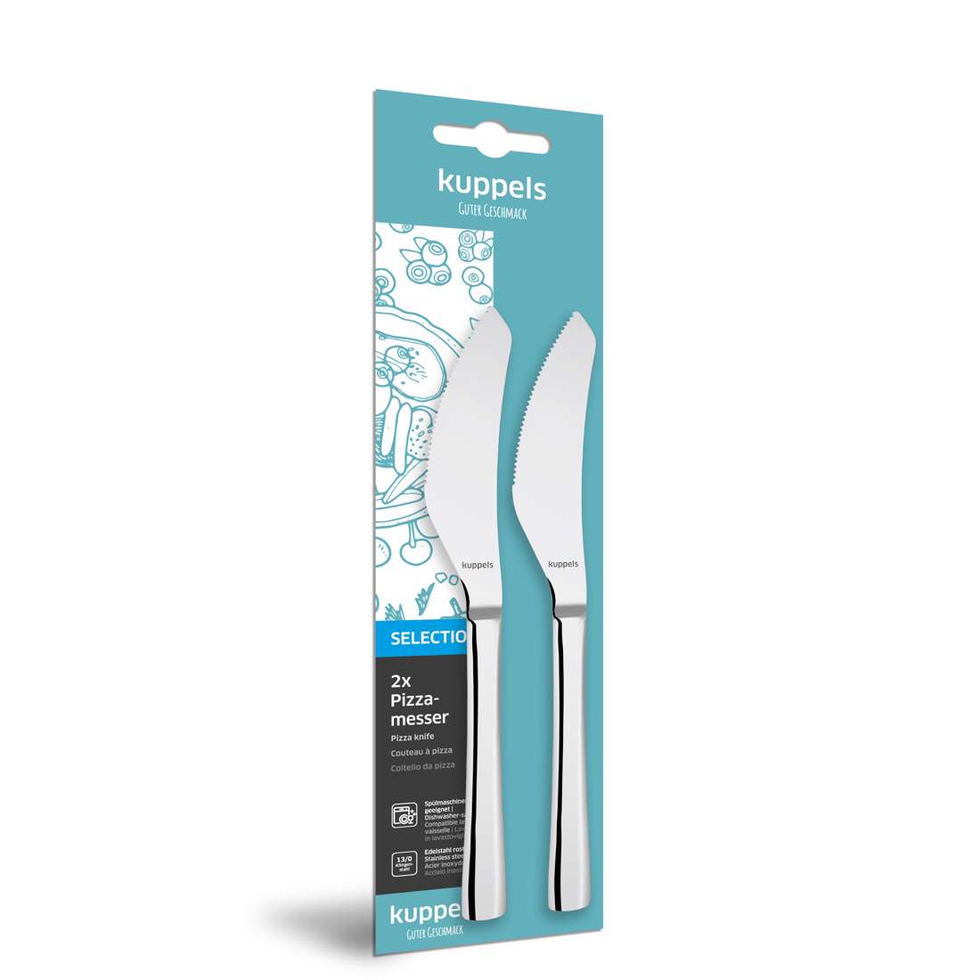 Das SELECTION Pizzamesser Set 2-teilig von Kuppels bietet zwei Pizzamesser aus rostfreiem Stahl in blau-weißer Verpackung mit "extra-scharfer Klinge" und lebendiger Pizzamotiv-Grafik - perfekt für jede Küche.