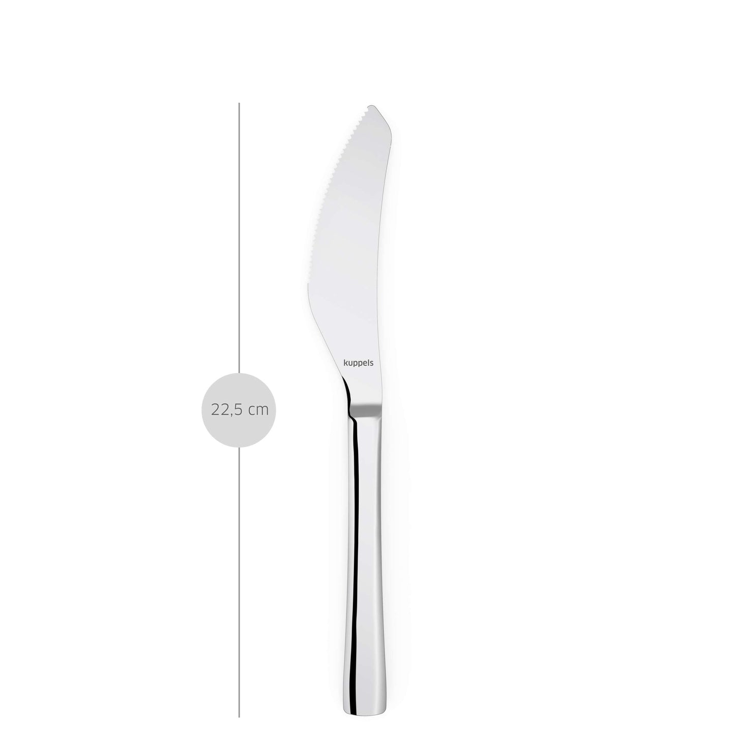 Ein 2-teiliges Pizzamesserset der Serie „Kuppels SELECTION“ mit einer besonders scharfen Klinge ist senkrecht neben einer Linie abgebildet, die die Länge von 22,5 cm angibt. Der Markenname „Kuppels“ ist auf der Klinge aufgedruckt.