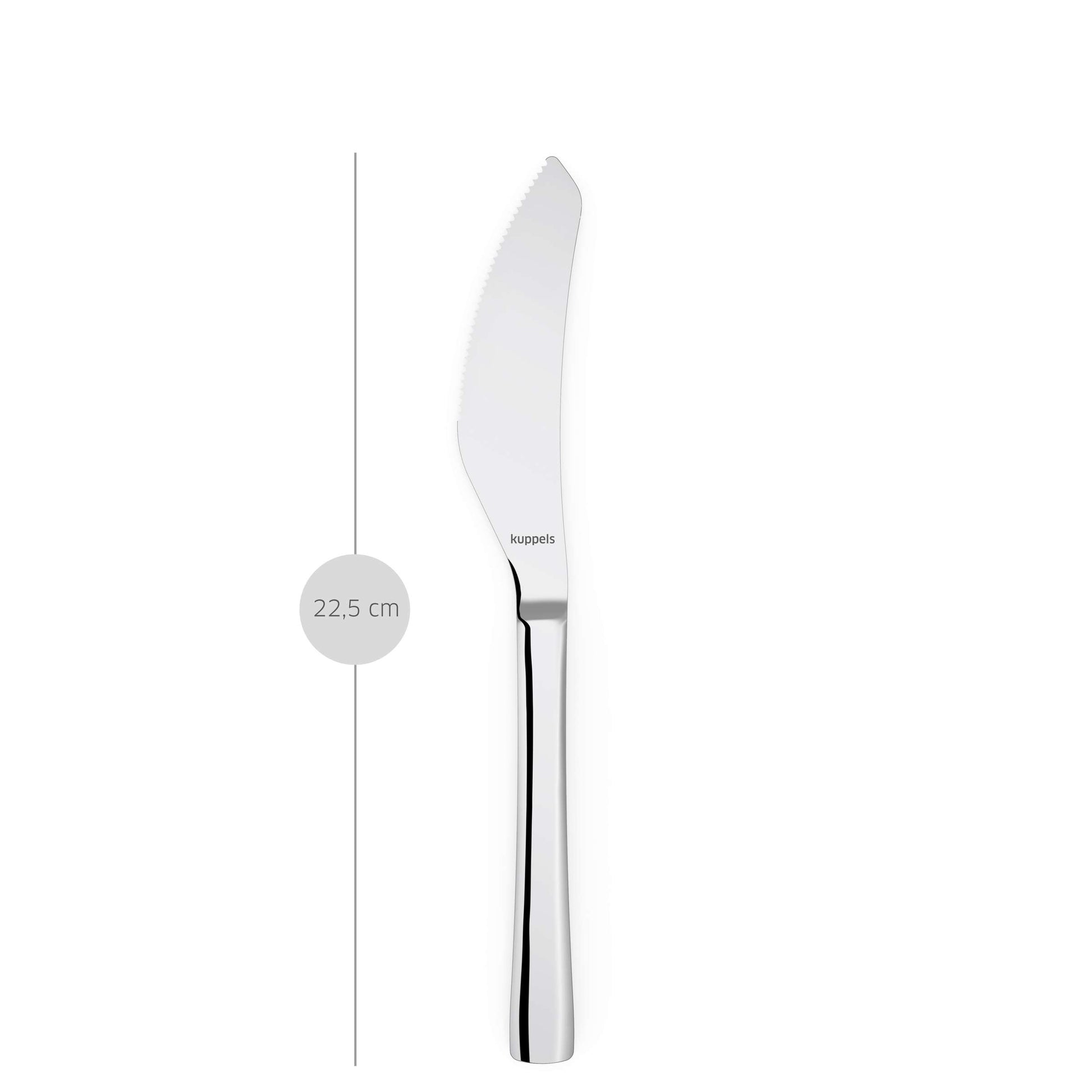 Ein 2-teiliges Pizzamesserset der Serie „Kuppels SELECTION“ mit einer besonders scharfen Klinge ist senkrecht neben einer Linie abgebildet, die die Länge von 22,5 cm angibt. Der Markenname „Kuppels“ ist auf der Klinge aufgedruckt.